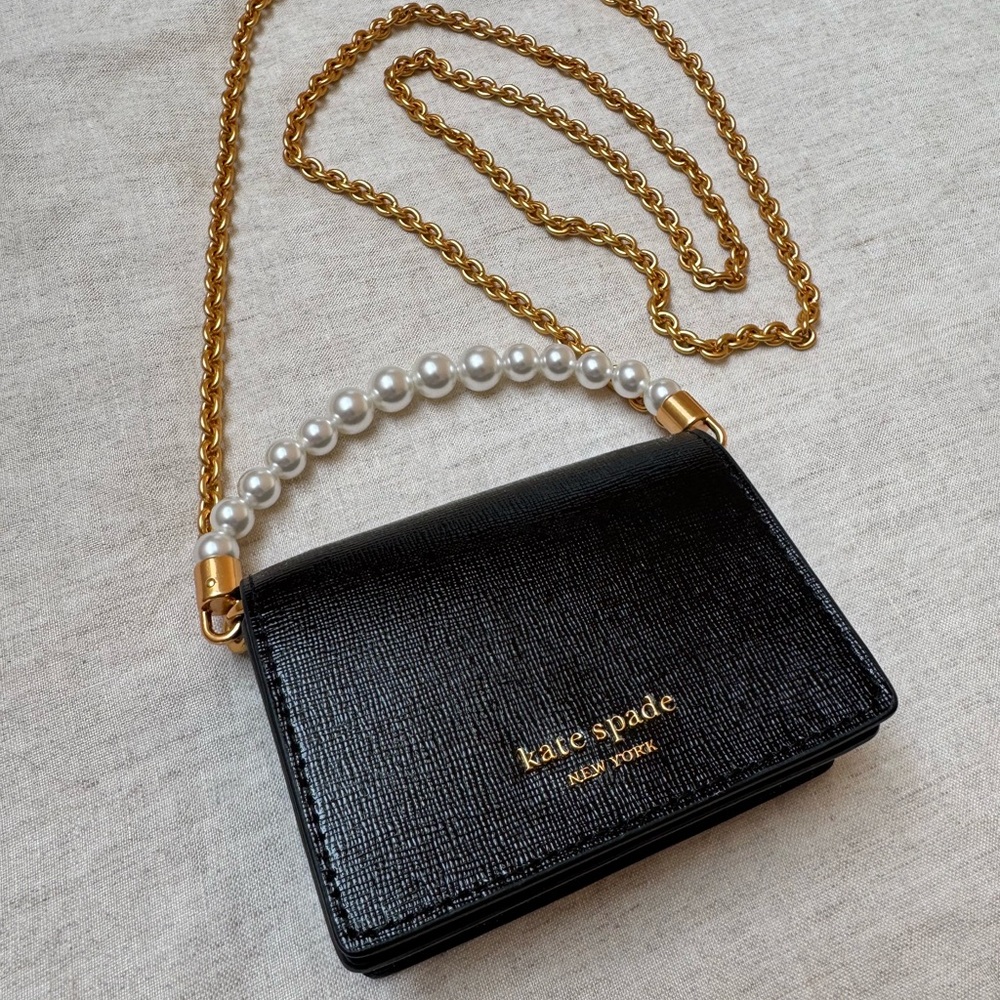 Kate Spade Morgan Embellished Card Case Black Crossbody Bag with Gold Chain